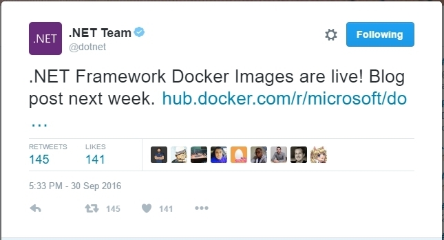 .NET Team Tweet on Docker image for .NET Framework